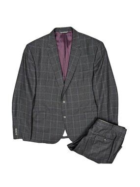 Jack Victor Suit Wool Cashmere Harry Rosen Windowpane Charcoal Grey 46R 38x31